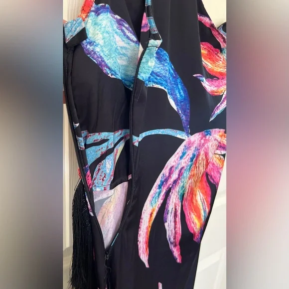 Rocco Sand One Shoulder Asymmetrical Fringe Dress Black Floral Cocktail Boho - Picture 4 of 7